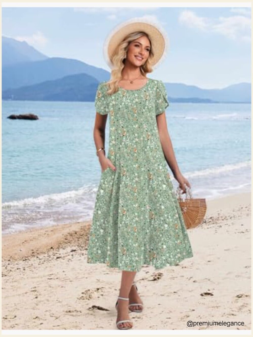 Loose Fit Midi Dress with Petal Sleeves, A-Line Flare, Two Pockets - Picture 6 of 7